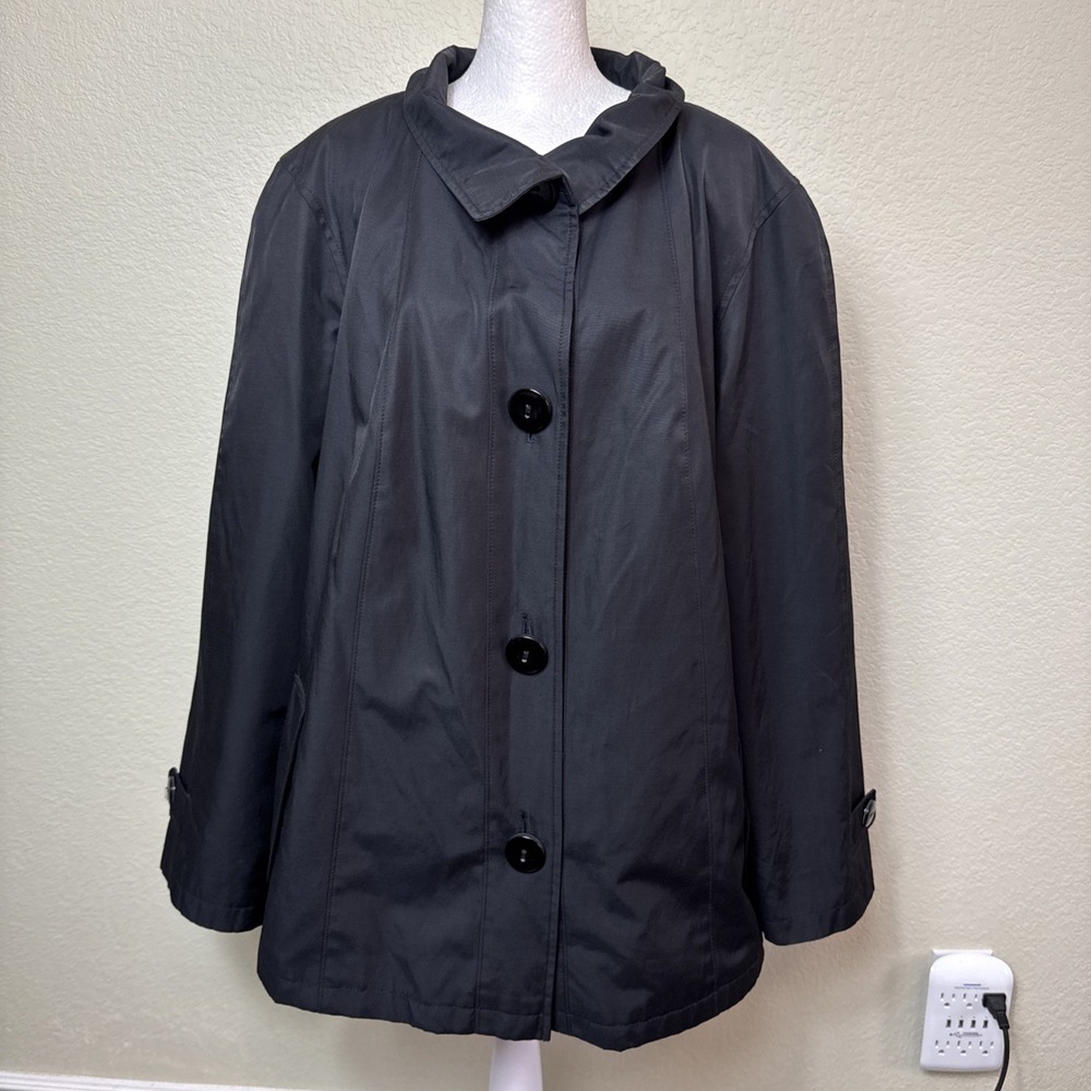 Gallery Woman 2X Black Button Front Trench Coat Light Short Rain Jacket Mid